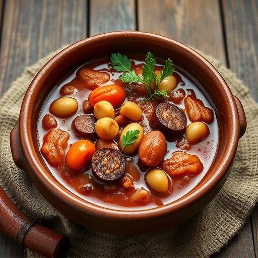 Fabada asturiana en un cuenco de barro, con chorizo, morcilla y lac&oacute;n visibles