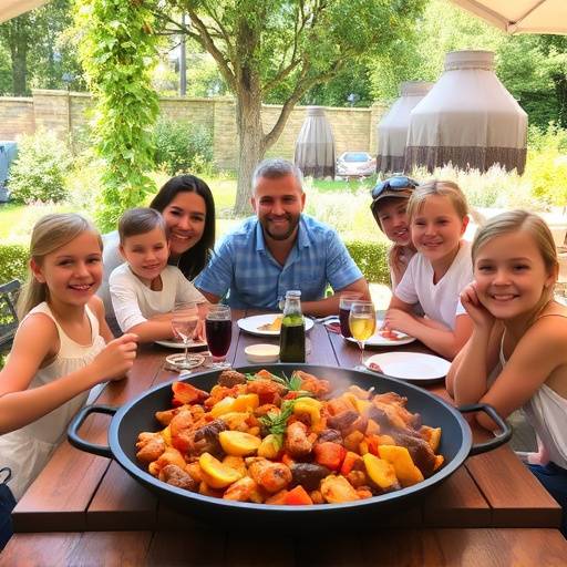 Familia disfrutando de una paella casera en una mesa al aire libre.