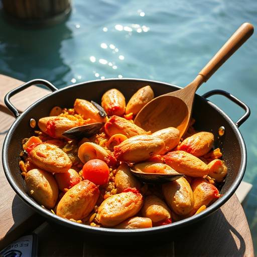 Paella servida en una paellera tradicional, con mariscos y pollo visible, junto con una cuchara de madera para servir