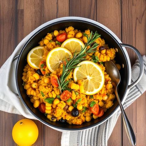 Paella valenciana servida en una paellera tradicional, adornada con lim&oacute;n y romero