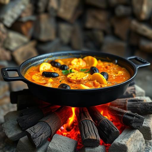 Paella Valenciana tradicional en una paellera sobre un fuego de le&ntilde;a