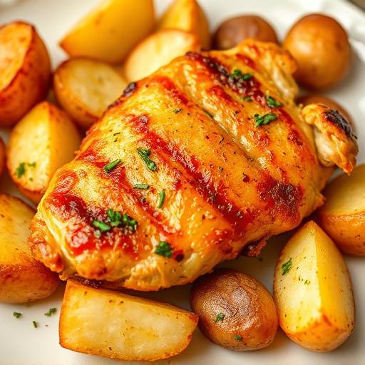 Pollo al ajillo dorado y crujiente servido con patatas panaderas.