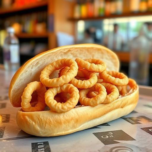 Un bocadillo de calamares con aros de calamar frito en pan crujiente servido en la barra de un bar