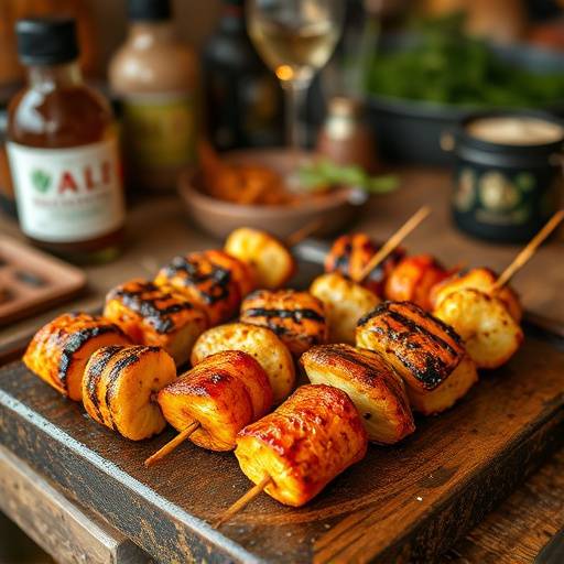 Un plato con pinchos morunos adobados y a la parrilla con especias sobre una mesa r&uuml;stica