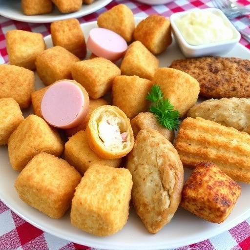 Un plato de croquetas variadas con diferentes rellenos como jam&oacute;n, pollo y bacalao sobre una mesa con un mantel a cuadros