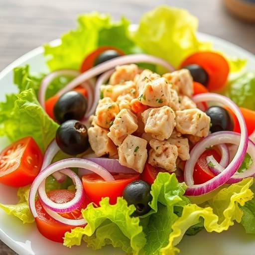 Un plato de ensalada mixta con lechuga, tomate, cebolla, aceitunas y at&uuml;n.