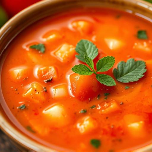 Un plato de gazpacho andaluz fresco servido en un cuenco de cer&aacute;mica, adornado con trozos de pepino, tomate y pimiento verde