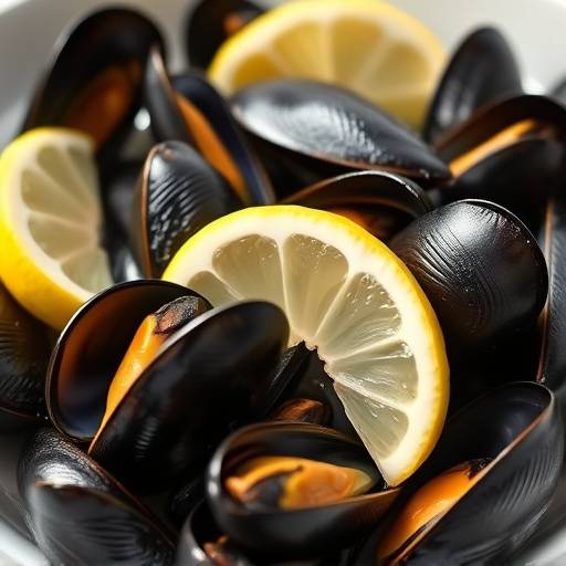 Un plato de mejillones al vapor adornados con lim&oacute;n.