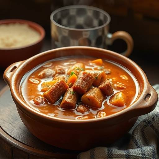 Un plato humeante de fabada asturiana servido en un cuenco de barro.