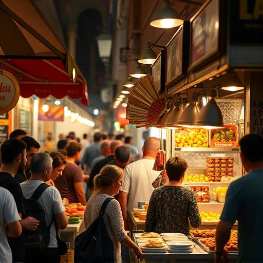 Un puesto de comida callejera en un mercado espa&ntilde;ol, lleno de gente y deliciosos aromas