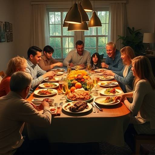 Una familia reunida alrededor de una mesa grande, disfrutando de una cena abundante y alegre