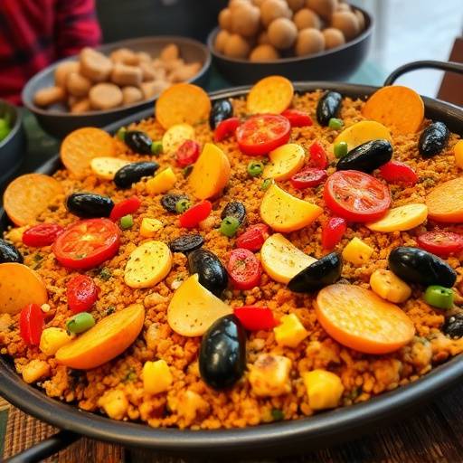 Una paella valenciana grande servida en una paellera tradicional.
