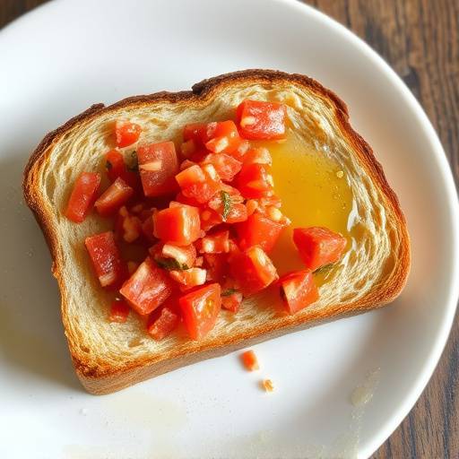 Una rebanada de pan tostado con tomate rallado y aceite de oliva.
